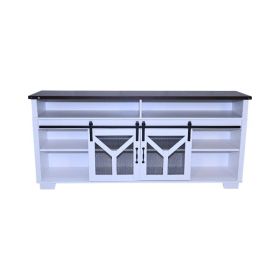 65.3 TV Stand With LED Light Strips And Iron Mesh Barn Door Y Decorative Strip White  Black Walnut Color Top Farmhouse