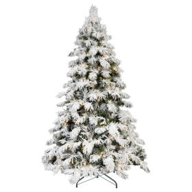 Artificial 8ft Flock LED-lit Christmas Tree With 1242PE&PVC Mixed Branch Tips,Hinged Premium & Foldable Base For Indoor Holiday Decorating