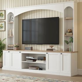 Elegant Arched Entertainment Center Wall Unit With Bookshelf, Farmhouse Large TV Stand With Wood Grain For TVs Up To 70, 91inch Stylish Media Console