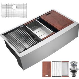 Farmhouse Kitchen Sink, 304 Stainless Steel Drop-In Sinks, Top Mount Single Bowl Basin with Ledge & Accessories