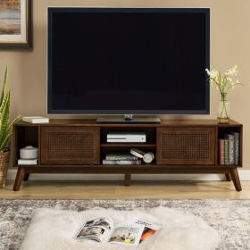 67.9 Inch Mid Century Modern Rattan TV Stand For TVs Up To 75, Entertainment Cabinet, Media Console For Living Room Media Room, Solid Wood Feet  Ratta