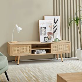 55.12 Rattan TV Cabinet, Double Sliding Doors For Storage,  Adjustable Shelf, Solid Wood Legs, TV Console For Living Room ,natural