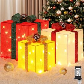 3 Pieces Large Gift Boxes For Christmas Decorations Outdoor, 10" 8" 6" With Pre-lit 70 LED Mini String Lights, Plug-in Warm White Present Boxes With G (Option: RedWhiteYellow)